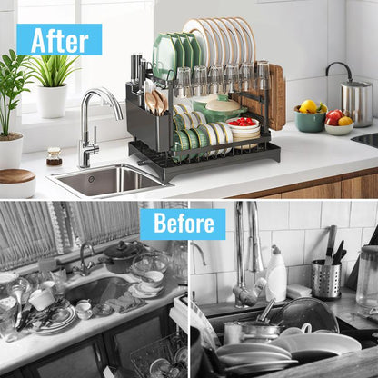 🍽️ 60% DE RÉDUCTION! ✨ Égouttoir à Vaisselle 2 Niveaux – Avec Plateau d'Égouttage, Gain de Place & Idéal pour les Cuisines Familiales 🏠