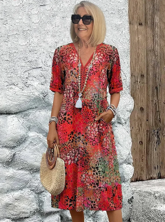 ⏳49% de réduction pour une durée limitée 🎁Robe midi à col en V imprimée Vivid pour femmes