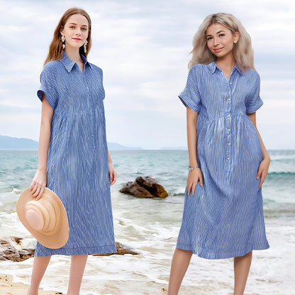 ⏳Réductions temporaires Super-Économies ⏳👗Robe chemisier long rayé col V pour femme