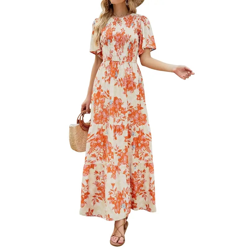 ⏰Promotion exceptionnelle : 50 % de réduction👗Robe longue fluide pour femme, style décontracté, à imprimé floral, manches flottantes, smockée et taille haute