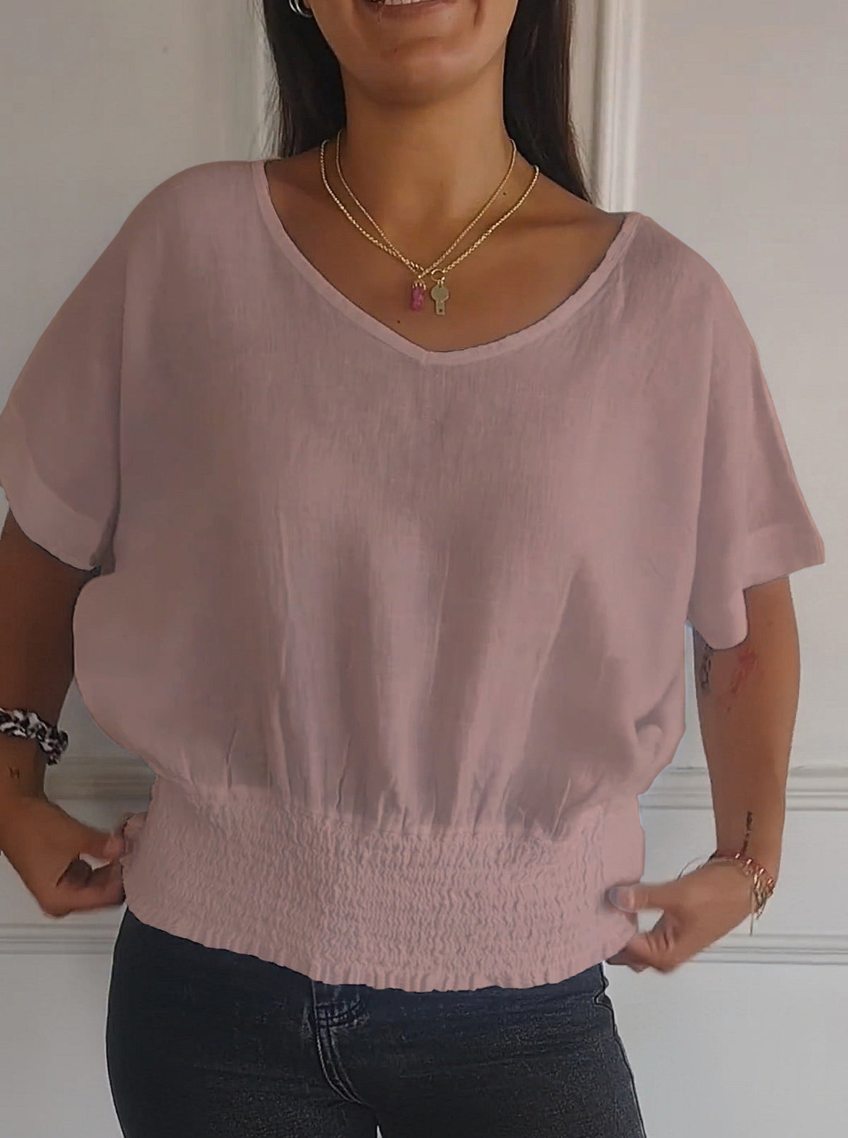 T-shirt simple à manches mi-longues et col en V de couleur unie
