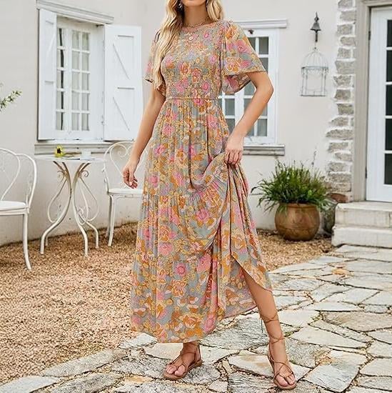 ⏰Promotion exceptionnelle : 50 % de réduction👗Robe longue fluide pour femme, style décontracté, à imprimé floral, manches flottantes, smockée et taille haute
