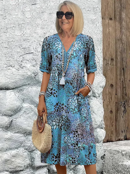 ⏳49% de réduction pour une durée limitée 🎁Robe midi à col en V imprimée Vivid pour femmes