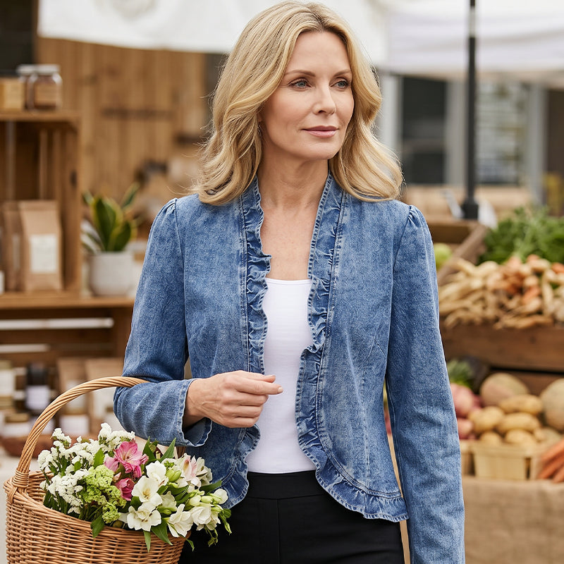 🧥 60% DE RÉDUCTION! ✨ Veste Jean Femme – Volants, Ouverture, Léger, Décontracté ✨
