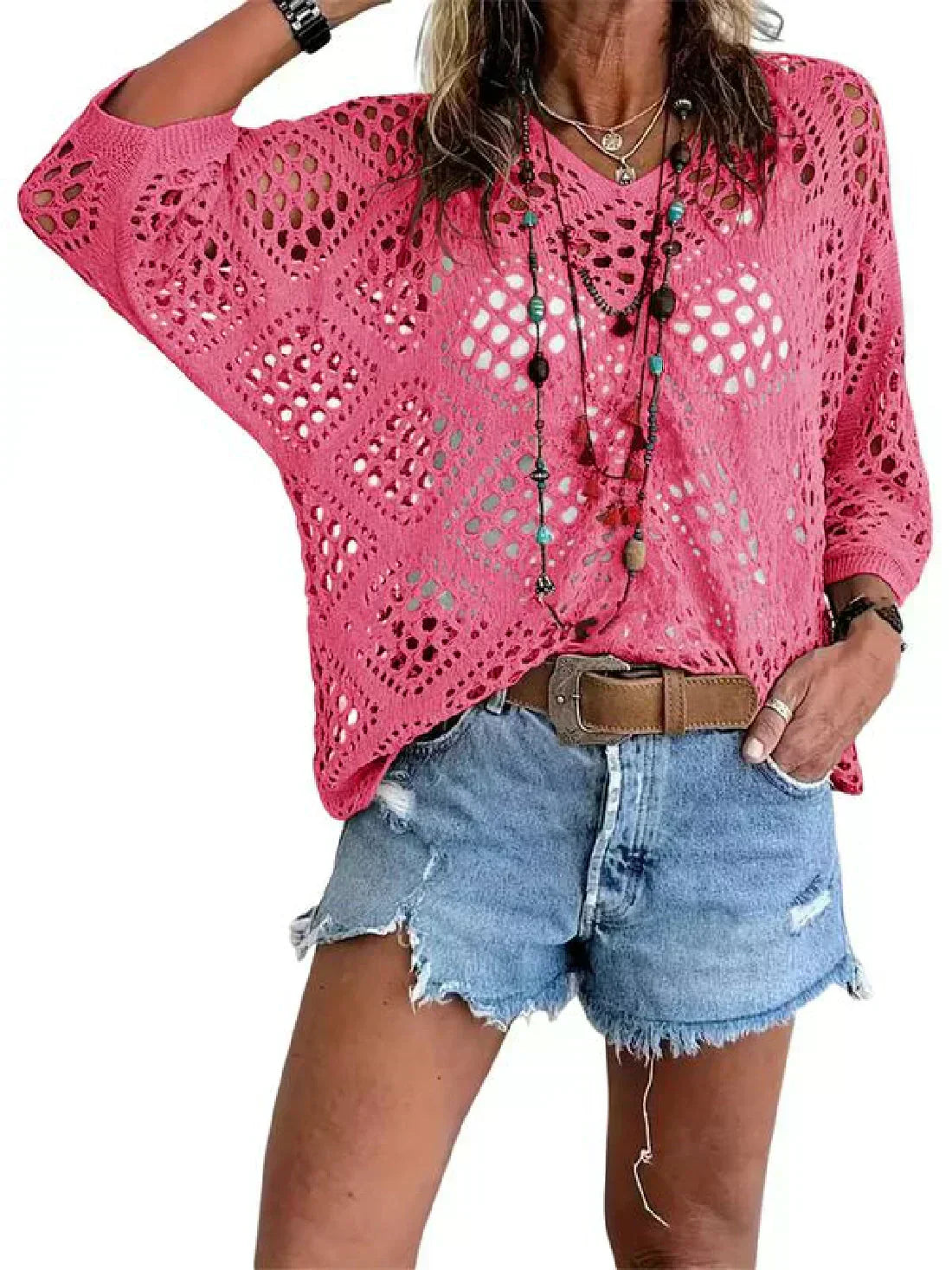 🌸☀️✨ PROMO -50% ! Haut en Crochet Bohème pour Femme – Encolure en V, Tissu Léger & 5 Couleurs (S-4XL)