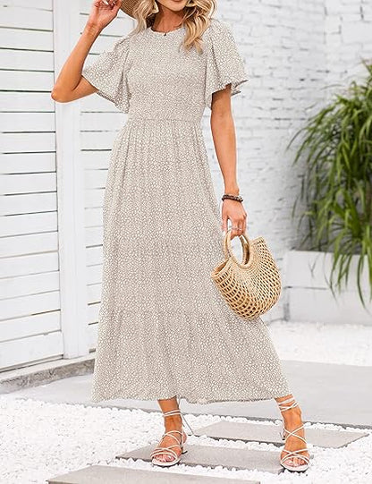 ⏰Promotion exceptionnelle : 50 % de réduction👗Robe longue fluide pour femme, style décontracté, à imprimé floral, manches flottantes, smockée et taille haute