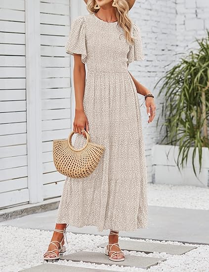 ⏰Promotion exceptionnelle : 50 % de réduction👗Robe longue fluide pour femme, style décontracté, à imprimé floral, manches flottantes, smockée et taille haute