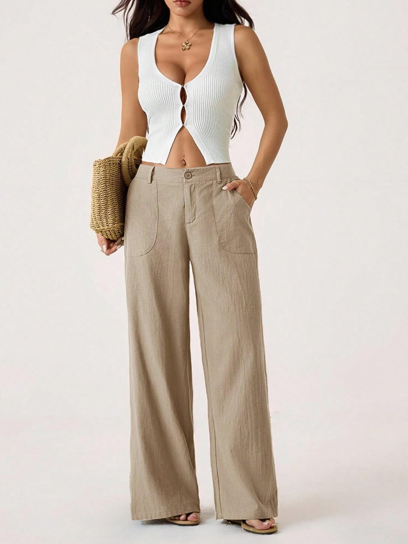 Pantalon large pour femme, avec poches et taille haute