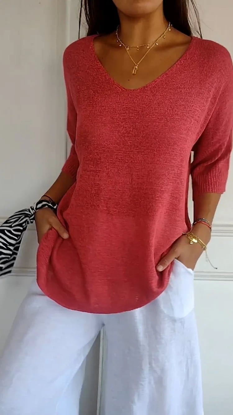 🔥Vente chaude-45% de réduction🥰Haut tricoté à col en V uni（Achetez 2 livraison gratuite）