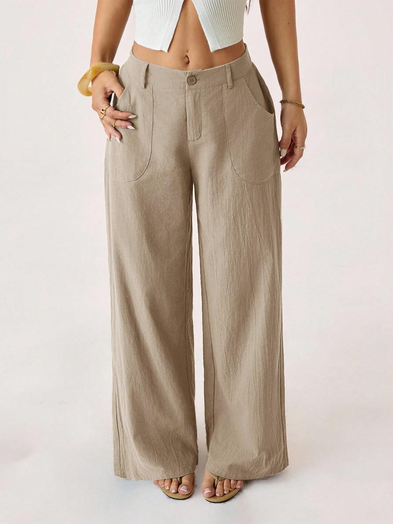 Pantalon large pour femme, avec poches et taille haute