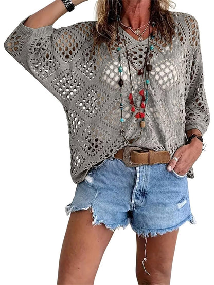🌸☀️✨ PROMO -50% ! Haut en Crochet Bohème pour Femme – Encolure en V, Tissu Léger & 5 Couleurs (S-4XL)