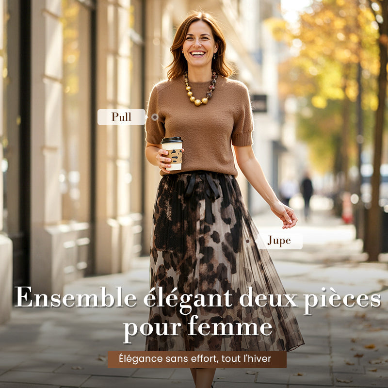 ❄️ Soldes d'hiver - 49 % de réduction 👗Ensemble deux pièces pour femme composé d'un pull et d'une jupe fluide à imprimé léopard