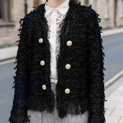 Manteau court à boutons et pompons pour femme 💼 – Élégance et boutons, idéal pour le bureau et les occasions décontractées 👠