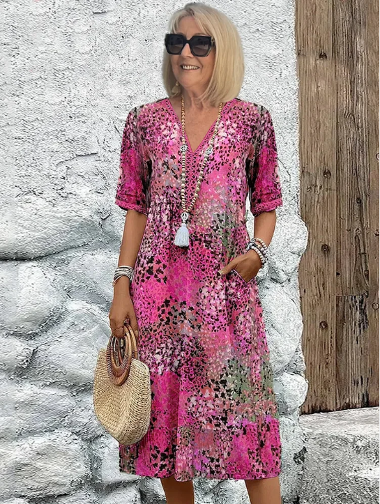 ⏳49% de réduction pour une durée limitée 🎁Robe midi à col en V imprimée Vivid pour femmes