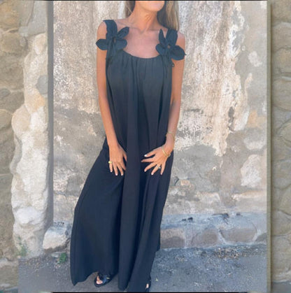 💕Robe de couleur unie pour femme avec motif floral et encolure en U