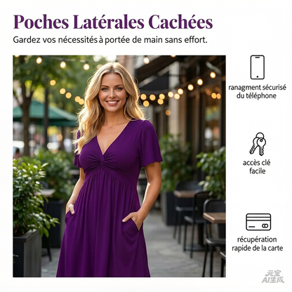 👗PROMO LIMITÉE 50%✨Robe Femme en V à Devant Bouclé – Tissu Fluide Doux, Poches Latérales, Coupe Large, 4 Couleurs, Taille XL-5XL, Parfaite pour Toutes Occasions🌺
