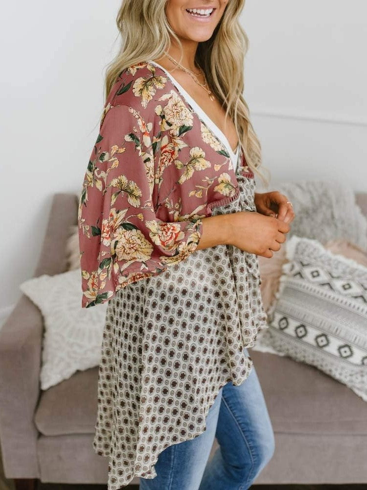 Cardigan pour Femme à Motif Floral avec Manches à Volants et Nœud