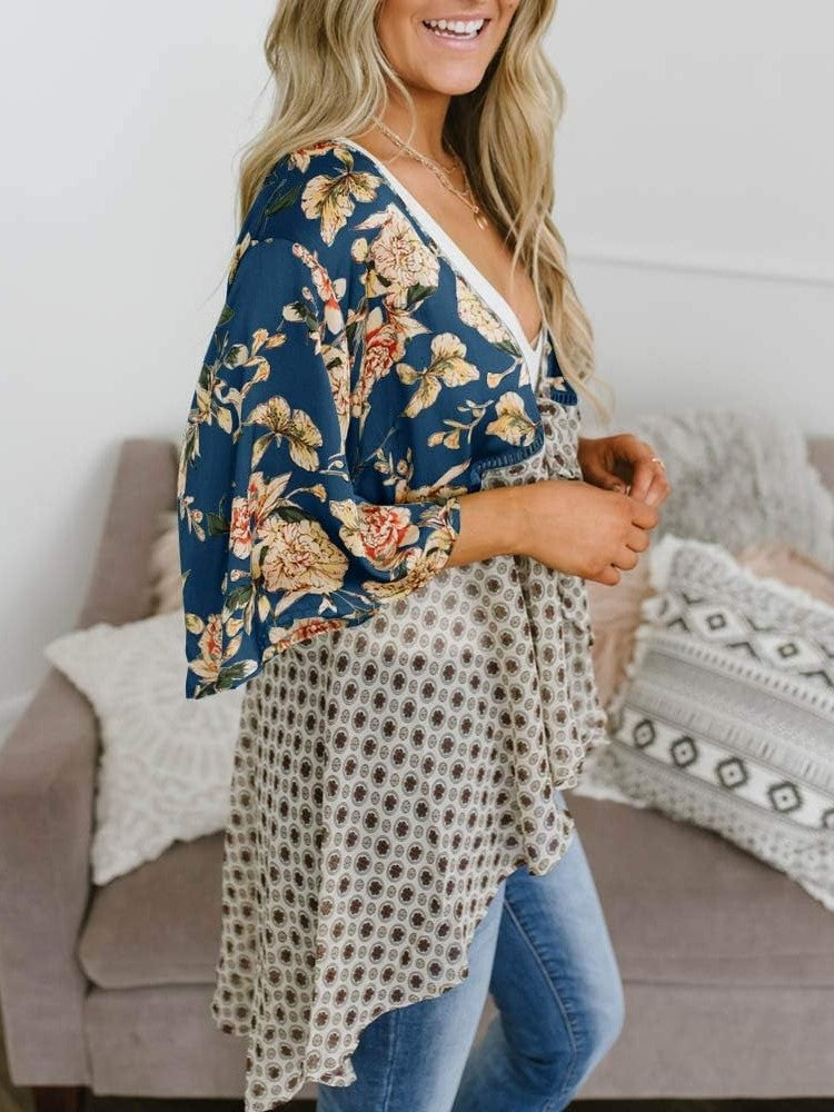 Cardigan pour Femme à Motif Floral avec Manches à Volants et Nœud