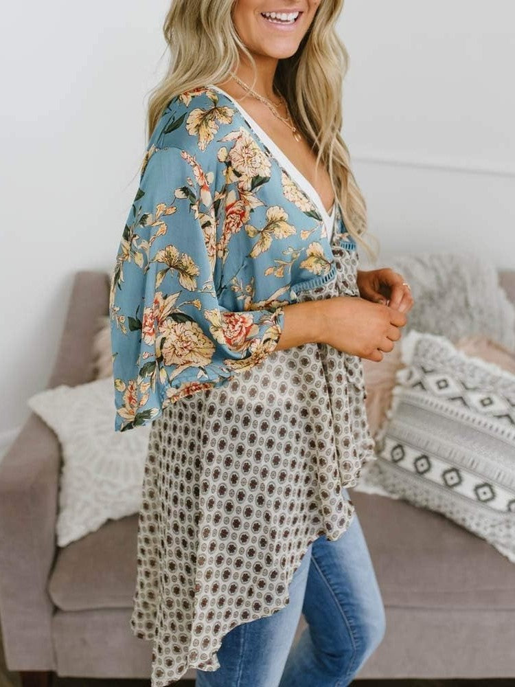 Cardigan pour Femme à Motif Floral avec Manches à Volants et Nœud