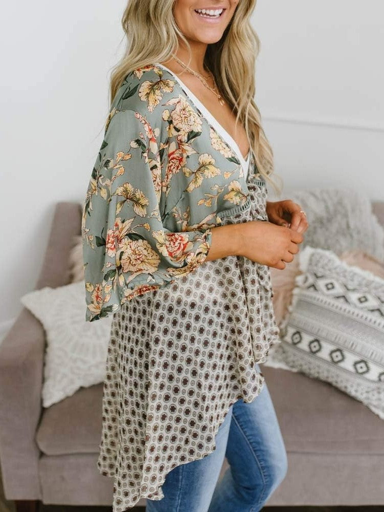 Cardigan pour Femme à Motif Floral avec Manches à Volants et Nœud