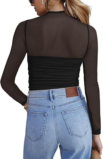 💃Dernier jour des soldes -50 % de réduction🎉Haut à manches longues transparent en maille scintillante pour femme