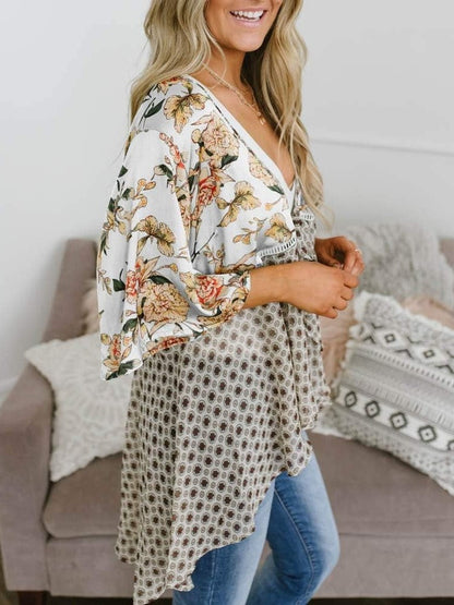 Cardigan pour Femme à Motif Floral avec Manches à Volants et Nœud
