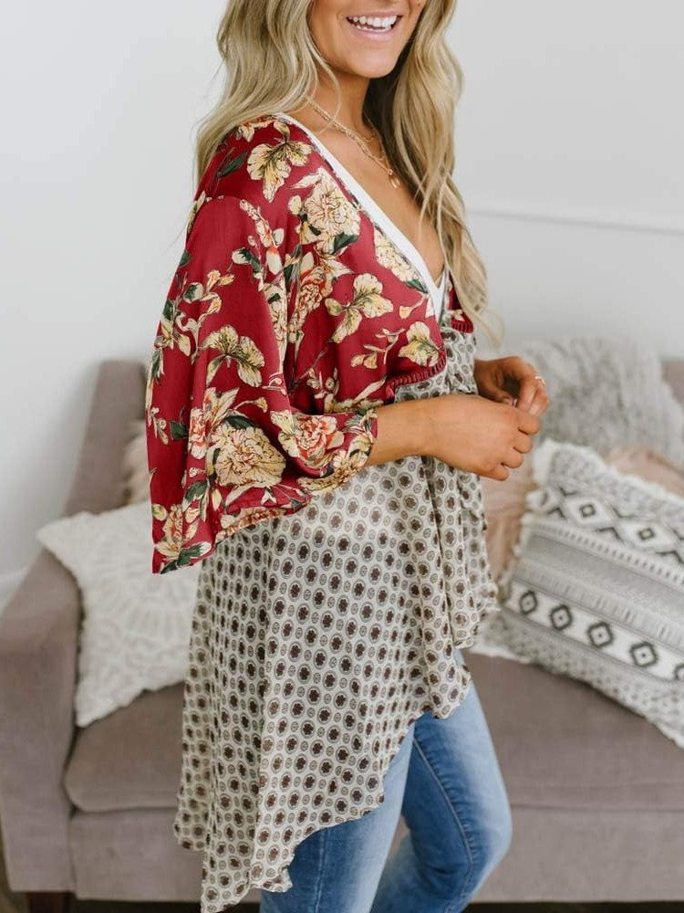 Cardigan pour Femme à Motif Floral avec Manches à Volants et Nœud