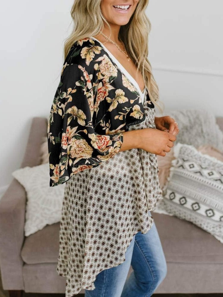 Cardigan pour Femme à Motif Floral avec Manches à Volants et Nœud
