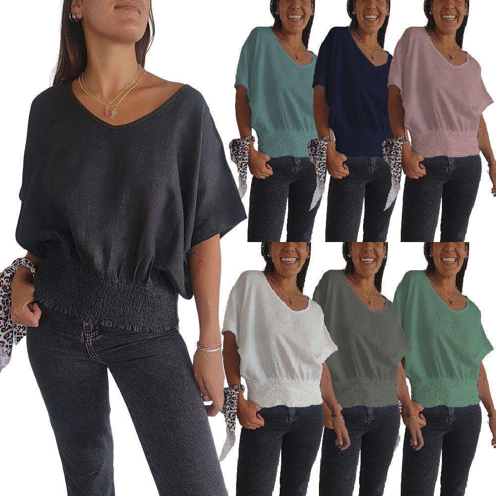 T-shirt simple à manches mi-longues et col en V de couleur unie