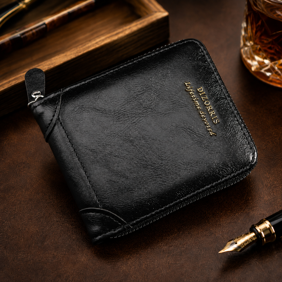Portefeuille vintage pour homme, court, à fermeture éclair sur tout le pourtour et à trois volet