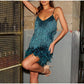 👗 60 % DE RÉDUCTION MAINTENANT ! ✨ Robe à bretelles spaghetti et franges – Paillettes glamour, jupe fluide à volants, parfaite pour une soirée festive 🌟🎉