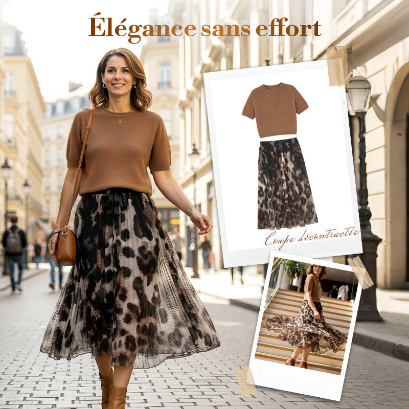 ❄️ Soldes d'hiver - 49 % de réduction 👗Ensemble deux pièces pour femme composé d'un pull et d'une jupe fluide à imprimé léopard