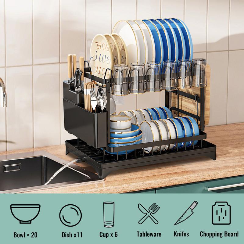 🍽️ 60% DE RÉDUCTION! ✨ Égouttoir à Vaisselle 2 Niveaux – Avec Plateau d'Égouttage, Gain de Place & Idéal pour les Cuisines Familiales 🏠
