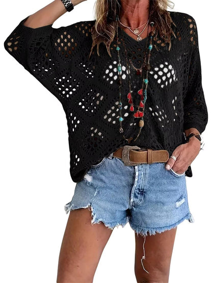 🌸☀️✨ PROMO -50% ! Haut en Crochet Bohème pour Femme – Encolure en V, Tissu Léger & 5 Couleurs (S-4XL)