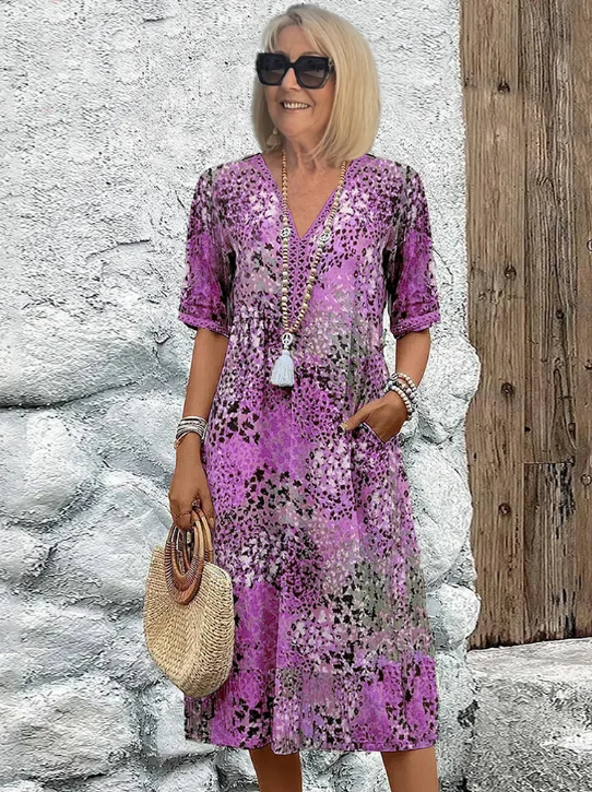 ⏳49% de réduction pour une durée limitée 🎁Robe midi à col en V imprimée Vivid pour femmes