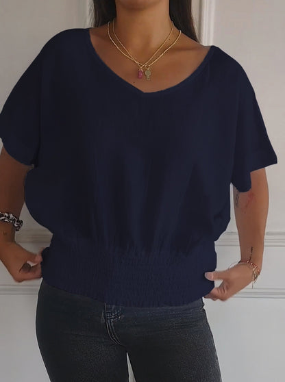 T-shirt simple à manches mi-longues et col en V de couleur unie