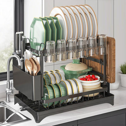 🍽️ 60% DE RÉDUCTION! ✨ Égouttoir à Vaisselle 2 Niveaux – Avec Plateau d'Égouttage, Gain de Place & Idéal pour les Cuisines Familiales 🏠