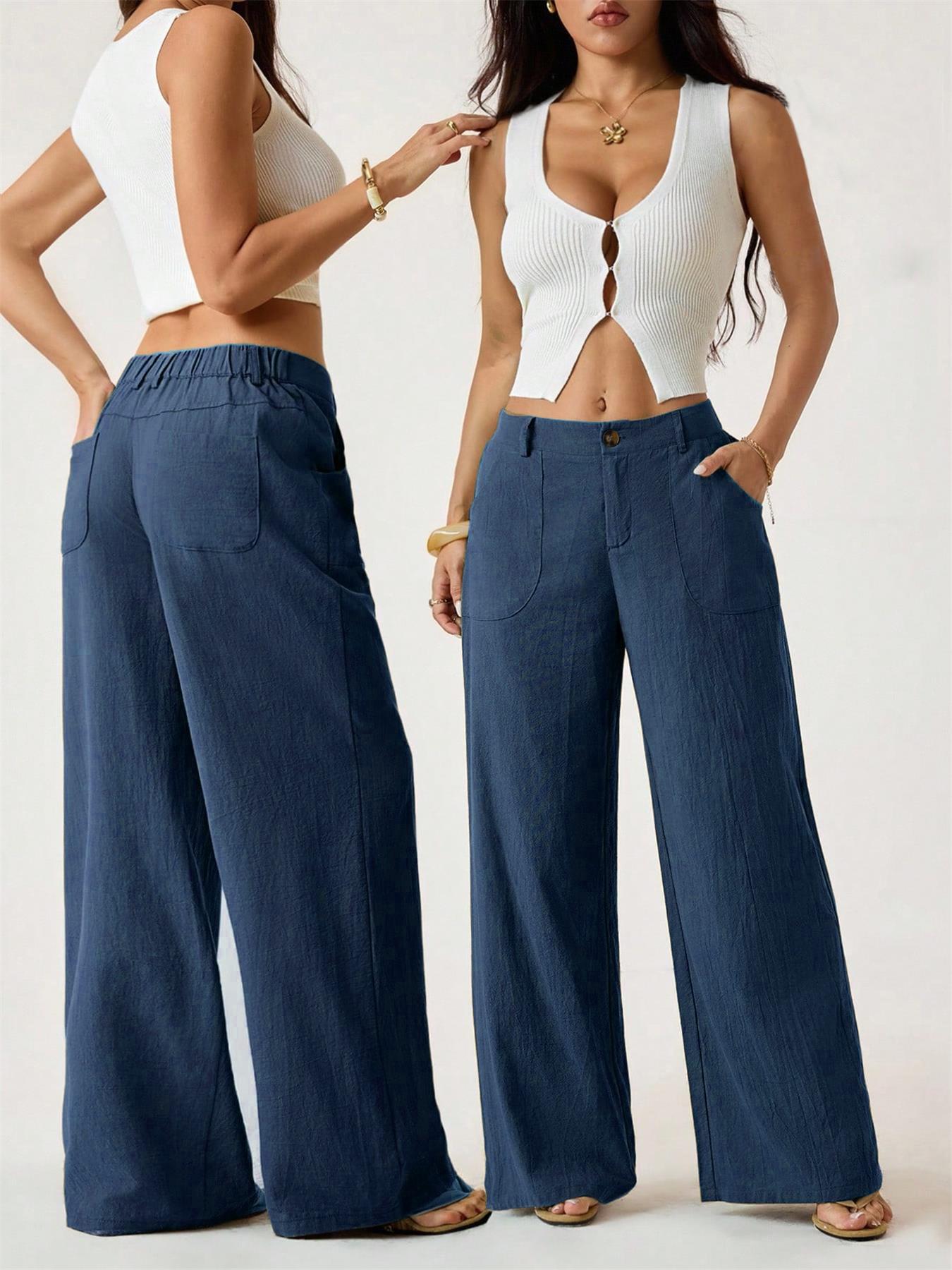 Pantalon large pour femme, avec poches et taille haute