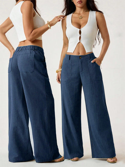 Pantalon large pour femme, avec poches et taille haute