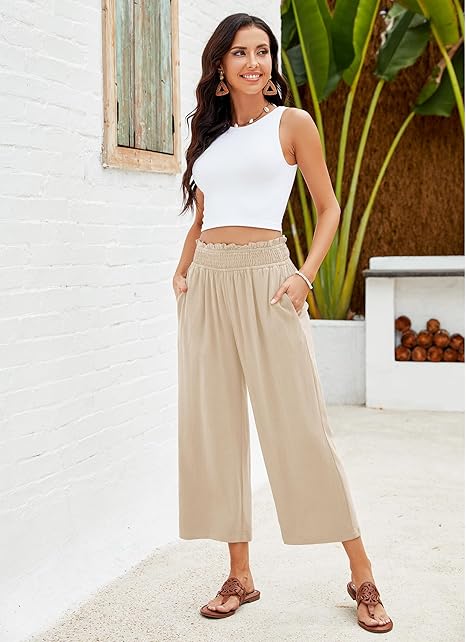 ⏰Pantalon Capri Femme Taille Haute À Jambe Large en Lin Élastique Smocké