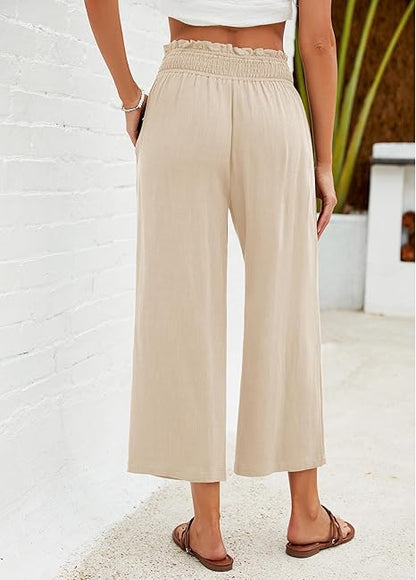 ⏰Pantalon Capri Femme Taille Haute À Jambe Large en Lin Élastique Smocké