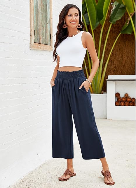 ⏰Pantalon Capri Femme Taille Haute À Jambe Large en Lin Élastique Smocké