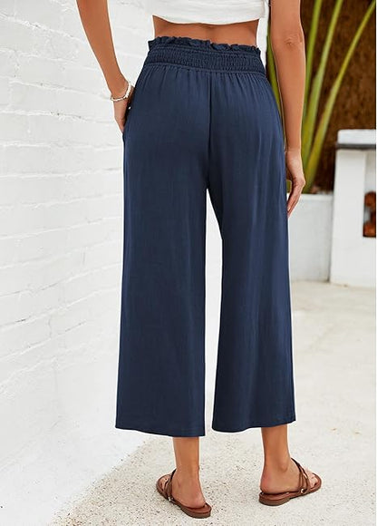 ⏰Pantalon Capri Femme Taille Haute À Jambe Large en Lin Élastique Smocké