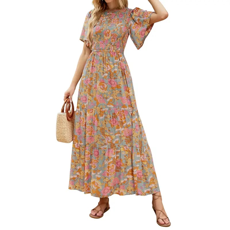 ⏰Promotion exceptionnelle : 50 % de réduction👗Robe longue fluide pour femme, style décontracté, à imprimé floral, manches flottantes, smockée et taille haute