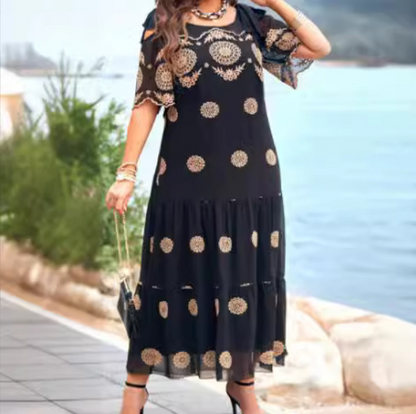 🔥53% de réduction🥰 Robe d'été creuse à manches courtes, jupe longue ample imprimée