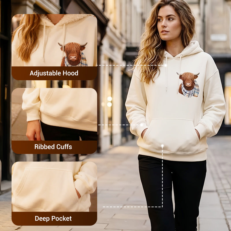 🐮💛 Sweat à Capuche Highland Cow Doublé Polaire – Ultra Doux & Confortable pour les Soirées Fraîches