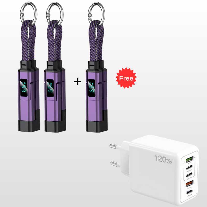 💥 Offre spéciale : Achetez 2, recevez 1 GRATUIT !🔌 Câble de charge 4 en 1 avec affichage numérique et anneau porte-clés – charge rapide, résistant aux nœuds et compact