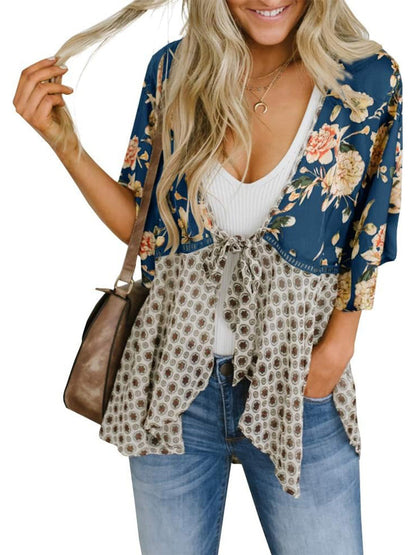 Cardigan pour Femme à Motif Floral avec Manches à Volants et Nœud