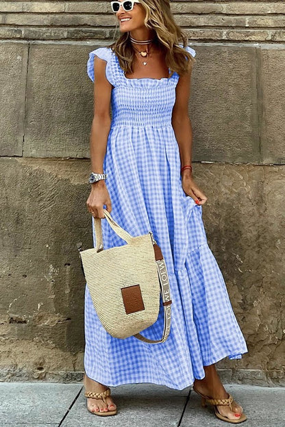 👗Tendance d’été femme collage plaid robe halter👗