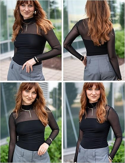 💃Dernier jour des soldes -50 % de réduction🎉Haut à manches longues transparent en maille scintillante pour femme